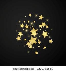 Magic stars vector overlay.  Gold stars scattered around randomly, falling down, floating.  Chaotic dreamy childish overlay template. Magical cartoon night sky on black background.