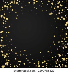 Superposición vectorial de las estrellas mágicas.  Estrellas de oro dispersas al azar, cayendo, flotando.  Una plantilla de superposición infantil de ensueño caótico. Cielo nocturno de caricatura mágica sobre fondo negro.