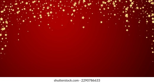 Superposición vectorial de las estrellas mágicas.  Estrellas de oro dispersas al azar, cayendo, flotando.  Una plantilla de superposición infantil de ensueño caótico. Superposición mágica vectorial sobre fondo rojo.