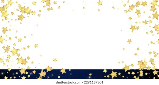 Magic stars vector overlay.  Gold stars scattered around randomly, falling down, floating.  Chaotic dreamy childish overlay template. Magical cartoon night sky on dark blue background.