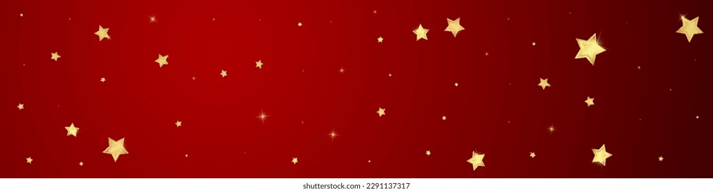 Superposición vectorial de las estrellas mágicas.  Estrellas de oro dispersas al azar, cayendo, flotando.  Una plantilla de superposición infantil de ensueño caótico. Cielo nocturno de caricatura mágica sobre fondo rojo.