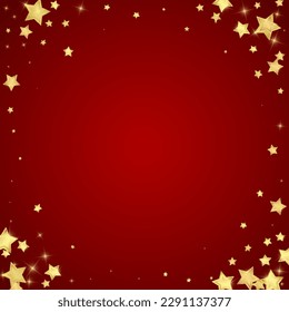 Magic stars vector overlay.  Gold stars scattered around randomly, falling down, floating.  Chaotic dreamy childish overlay template. Vector magic overlay  on red background.