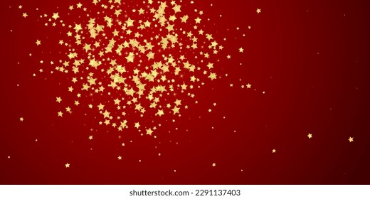 Superposición vectorial de las estrellas mágicas.  Estrellas de oro dispersas al azar, cayendo, flotando.  Una plantilla de superposición infantil de ensueño caótico. Superposición mágica vectorial sobre fondo rojo.