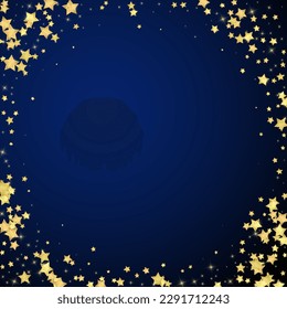 Superposición vectorial de las estrellas mágicas.  Estrellas de oro dispersas al azar, cayendo, flotando.  Una plantilla de superposición infantil de ensueño caótico. sobre fondo azul oscuro.