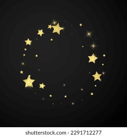 Magic stars vector overlay.  Gold stars scattered around randomly, falling down, floating.  Chaotic dreamy childish overlay template. Miraculous starry night vector  on black background.