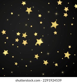 Superposición vectorial de las estrellas mágicas.  Estrellas de oro dispersas al azar, cayendo, flotando.  Una plantilla de superposición infantil de ensueño caótico. Cielo nocturno de caricatura mágica sobre fondo negro.