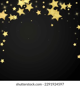 Superposición vectorial de las estrellas mágicas.  Estrellas de oro dispersas al azar, cayendo, flotando.  Una plantilla de superposición infantil de ensueño caótico. Cielo nocturno de caricatura mágica sobre fondo negro.
