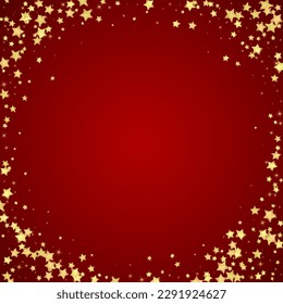 Magic stars vector overlay.  Gold stars scattered around randomly, falling down, floating.  Chaotic dreamy childish overlay template. Miraculous starry night vector  on red background.