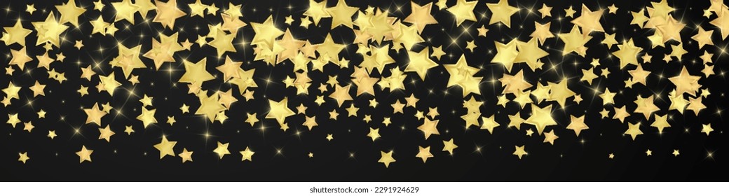 Magic stars vector overlay.  Gold stars scattered around randomly, falling down, floating.  Chaotic dreamy childish overlay template. Vector fairytale  on black background.