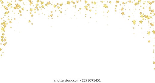 Magic stars vector overlay.  Gold stars scattered around randomly, falling down, floating.  Chaotic dreamy childish overlay template. Magical cartoon night sky on white background.