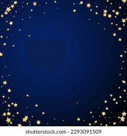 Magic stars vector overlay.  Gold stars scattered around randomly, falling down, floating.  Chaotic dreamy childish overlay template. Vector magic overlay  on dark blue background.