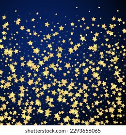 Magic stars vector overlay.  Gold stars scattered around randomly, falling down, floating.  Chaotic dreamy childish overlay template. Enchanting vector with magic stars on dark blue background.