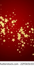 Magic stars vector overlay.  Gold stars scattered around randomly, falling down, floating.  Chaotic dreamy childish overlay template. Enchanting vector with magic stars on red background.