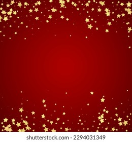 Superposición vectorial de las estrellas mágicas.  Estrellas de oro dispersas al azar, cayendo, flotando.  Una plantilla de superposición infantil de ensueño caótico. Un cuento de hadas vectorial sobre fondo rojo.