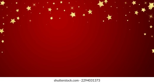 Magic stars vector overlay.  Gold stars scattered around randomly, falling down, floating.  Chaotic dreamy childish overlay template. Magical cartoon night sky on red background.