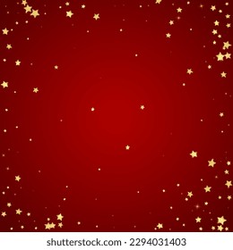 Magic stars vector overlay.  Gold stars scattered around randomly, falling down, floating.  Chaotic dreamy childish overlay template. Vector fairytale  on red background.