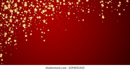 Magic stars vector overlay.  Gold stars scattered around randomly, falling down, floating.  Chaotic dreamy childish overlay template. Enchanting vector with magic stars on red background.