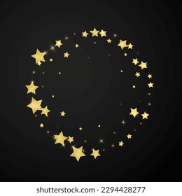 Magic stars vector overlay.  Gold stars scattered around randomly, falling down, floating.  Chaotic dreamy childish overlay template. Vector fairytale  on black background.