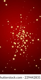 Magic stars vector overlay.  Gold stars scattered around randomly, falling down, floating.  Chaotic dreamy childish overlay template. Miraculous starry night vector  on red background.