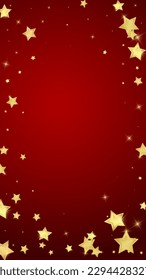 Magic stars vector overlay.  Gold stars scattered around randomly, falling down, floating.  Chaotic dreamy childish overlay template. Miraculous starry night vector  on red background.