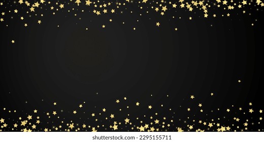 Superposición vectorial de las estrellas mágicas.  Estrellas de oro dispersas al azar, cayendo, flotando.  Una plantilla de superposición infantil de ensueño caótico. Encantador vector con estrellas mágicas sobre fondo negro.