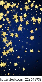 Superposición vectorial de las estrellas mágicas.  Estrellas de oro dispersas al azar, cayendo, flotando.  Una plantilla de superposición infantil de ensueño caótico. Vector nocturno milagroso estrellado sobre fondo azul oscuro.