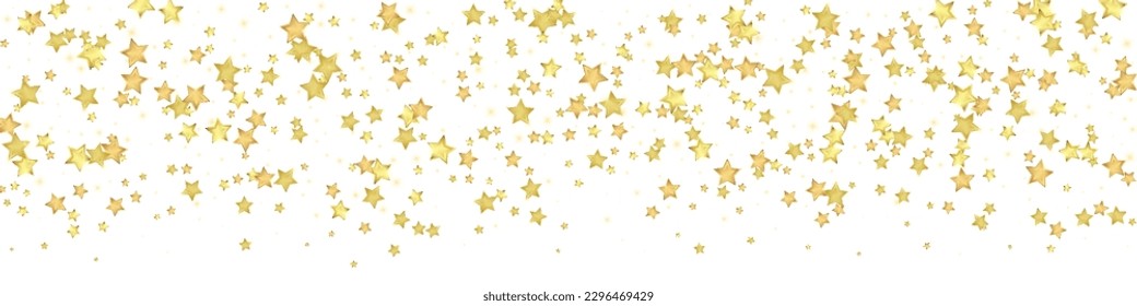 Magic stars vector overlay.  Gold stars scattered around randomly, falling down, floating.  Chaotic dreamy childish overlay template. Enchanting vector with magic stars on white background.