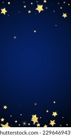Magic stars vector overlay.  Gold stars scattered around randomly, falling down, floating.  Chaotic dreamy childish overlay template. Magical cartoon night sky on dark blue background.
