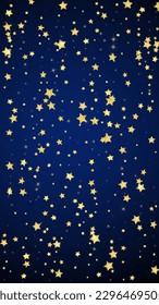 Magic stars vector overlay.  Gold stars scattered around randomly, falling down, floating.  Chaotic dreamy childish overlay template. Miraculous starry night vector  on dark blue background.