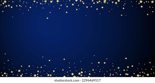 Magic stars vector overlay.  Gold stars scattered around randomly, falling down, floating.  Chaotic dreamy childish overlay template. Enchanting vector with magic stars on dark blue background.