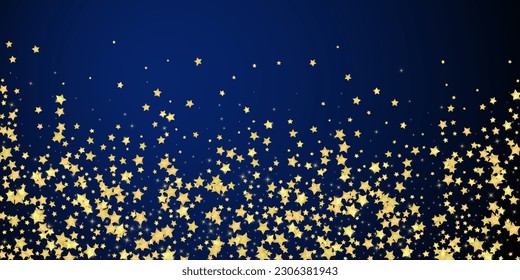 Superposición vectorial de las estrellas mágicas. Estrellas de oro dispersas al azar, cayendo, flotando. Una plantilla de superposición infantil de ensueño caótico. Cielo nocturno de caricatura mágica sobre fondo azul oscuro.