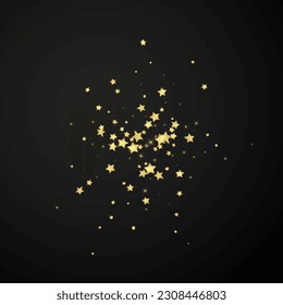 Magic stars vector overlay.  Gold stars scattered around randomly, falling down, floating.  Chaotic dreamy childish overlay template. Vector fairytale  on black background.