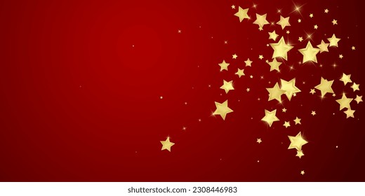 Magic stars vector overlay.  Gold stars scattered around randomly, falling down, floating.  Chaotic dreamy childish overlay template. Enchanting vector with magic stars on red background.