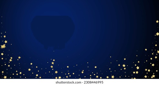 Superposición vectorial de las estrellas mágicas.  Estrellas de oro dispersas al azar, cayendo, flotando.  Una plantilla de superposición infantil de ensueño caótico. sobre fondo azul oscuro.