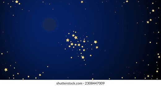 Magic stars vector overlay.  Gold stars scattered around randomly, falling down, floating.  Chaotic dreamy childish overlay template. Magical cartoon night sky on dark blue background.