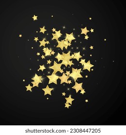 Magic stars vector overlay.  Gold stars scattered around randomly, falling down, floating.  Chaotic dreamy childish overlay template. Enchanting vector with magic stars on black background.