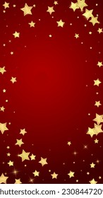 Magic stars vector overlay.  Gold stars scattered around randomly, falling down, floating.  Chaotic dreamy childish overlay template. Enchanting vector with magic stars on red background.