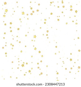 Magic stars vector overlay.  Gold stars scattered around randomly, falling down, floating.  Chaotic dreamy childish overlay template. Miraculous starry night vector  on white background.