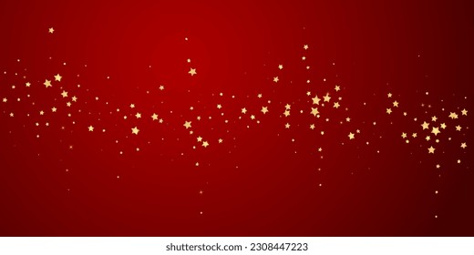 Superposición vectorial de las estrellas mágicas.  Estrellas de oro dispersas al azar, cayendo, flotando.  Una plantilla de superposición infantil de ensueño caótico. Superposición mágica vectorial sobre fondo rojo.