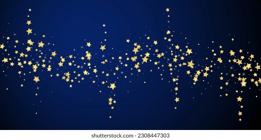 Magic stars vector overlay.  Gold stars scattered around randomly, falling down, floating.  Chaotic dreamy childish overlay template. Vector magic overlay  on dark blue background.