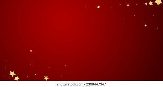 Superposición vectorial de las estrellas mágicas.  Estrellas de oro dispersas al azar, cayendo, flotando.  Una plantilla de superposición infantil de ensueño caótico. Cielo nocturno de caricatura mágica sobre fondo rojo.