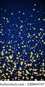 Magic stars vector overlay.  Gold stars scattered around randomly, falling down, floating.  Chaotic dreamy childish overlay template. Enchanting vector with magic stars on dark blue background.