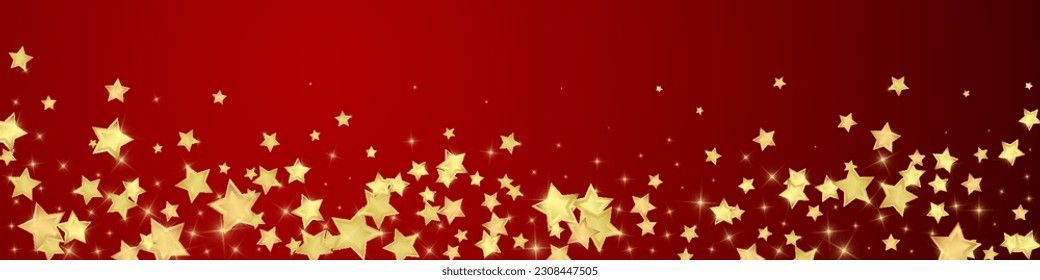 Magische Sterne, Vektorüberlagerung.  Goldsterne zerstreut nach dem Zufallsprinzip, fallend, schwebend.  Chaotische Träume kindliche Overlay-Vorlage. Wunderbare Sternennacht, Vektorgrafik auf rotem Hintergrund.