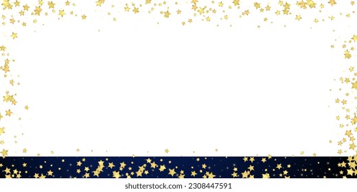 Superposición vectorial de las estrellas mágicas.  Estrellas de oro dispersas al azar, cayendo, flotando.  Una plantilla de superposición infantil de ensueño caótico. Cielo nocturno de caricatura mágica sobre fondo azul oscuro.