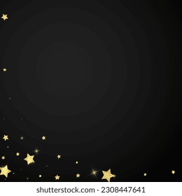 Superposición vectorial de las estrellas mágicas.  Estrellas de oro dispersas al azar, cayendo, flotando.  Una plantilla de superposición infantil de ensueño caótico. Un cuento de hadas vectorial sobre fondo negro.