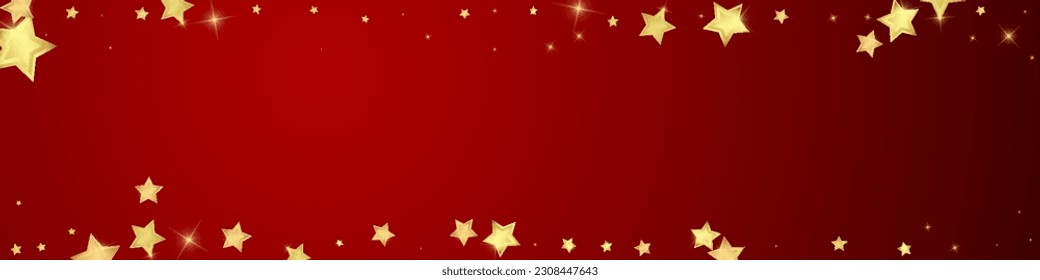 Magic stars vector overlay.  Gold stars scattered around randomly, falling down, floating.  Chaotic dreamy childish overlay template. Miraculous starry night vector  on red background.