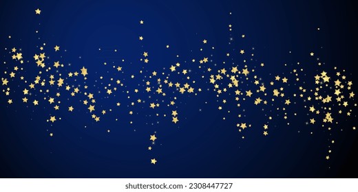 Magic stars vector overlay.  Gold stars scattered around randomly, falling down, floating.  Chaotic dreamy childish overlay template. Magical cartoon night sky on dark blue background.
