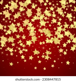 Magic stars vector overlay.  Gold stars scattered around randomly, falling down, floating.  Chaotic dreamy childish overlay template. Vector magic overlay  on red background.