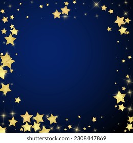 Superposición vectorial de las estrellas mágicas.  Estrellas de oro dispersas al azar, cayendo, flotando.  Una plantilla de superposición infantil de ensueño caótico. Un cuento de hadas vectorial sobre fondo azul oscuro.