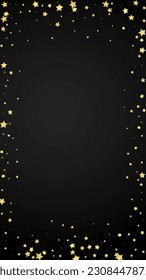 Magic stars vector overlay.  Gold stars scattered around randomly, falling down, floating.  Chaotic dreamy childish overlay template. Miraculous starry night vector  on black background.